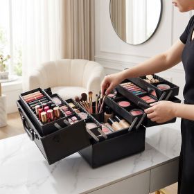 14Inch Large Makeup Train Case Lockable Cosmetic Organizer Box Travel Storage Professional Make Up Train Carrying Case with 6 Adjustable Trays and Spa