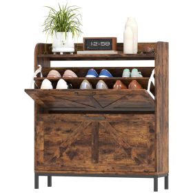 Shoe Cabinet Organizer With 2 Flip Drawers, Legs, Narrow Shoe Storage Cabinet For Entryway, Hallway, Rustic Brown (Option: BROWN)