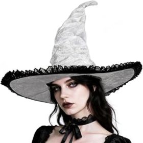 Witch Hat for Women Wizard Hat with Lace Trim Halloween Costume Accessories Cosplay Party (Color: White)