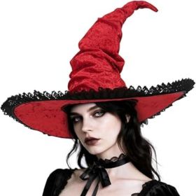 Witch Hat for Women Wizard Hat with Lace Trim Halloween Costume Accessories Cosplay Party (Color: Red)
